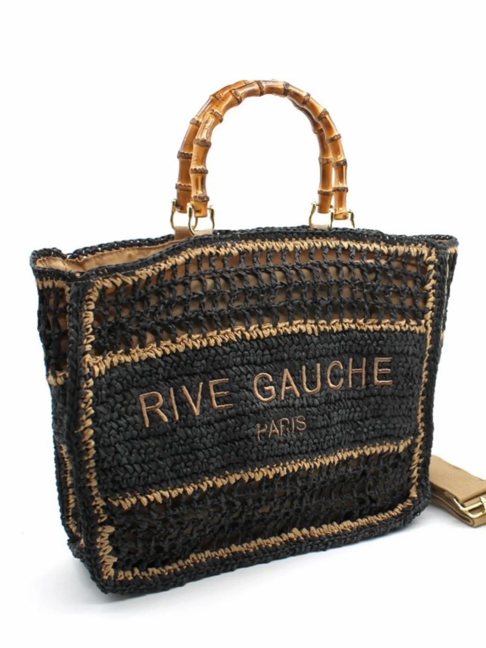 Viamoda Imported Crochet Rive Gauche Bamboo Tote bnwt in packaging
